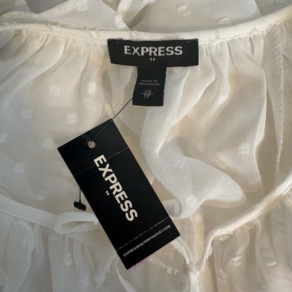 Express Swiss Dot Ruffle Blouse Womens XS White Sheer Boho Cottagecore NWT - Picture 5 of 7